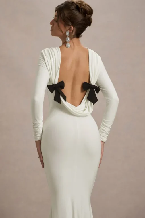 Rosalee | Cream Long-Sleeve Cowl-Back Fishtail Maxi Dress With Bows