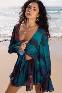 Rosalia | Blue Print Plunge-Neck Long-Sleeve Gathered Playsuit