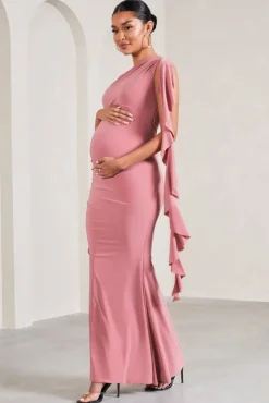 Rosalie | Blush Pink One-Shoulder Maternity Maxi Dress With Ruffles