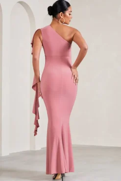 Rosalie | Blush Pink One-Shoulder Maternity Maxi Dress With Ruffles