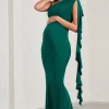 Rosalie | Bottle Green One-Shoulder Maternity Maxi Dress With Ruffles