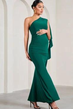 Rosalie | Bottle Green One-Shoulder Maternity Maxi Dress With Ruffles