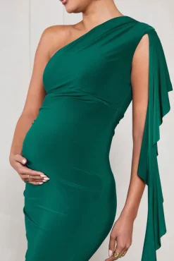 Rosalie | Bottle Green One-Shoulder Maternity Maxi Dress With Ruffles
