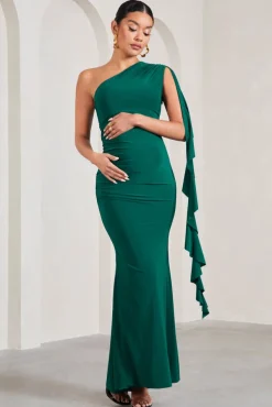 Rosalie | Bottle Green One-Shoulder Maternity Maxi Dress With Ruffles