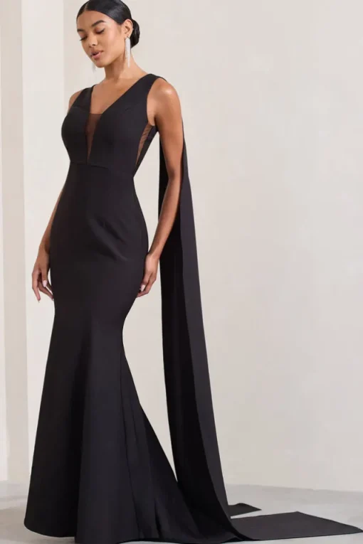 Rosaline | Black Plunging Fishtail Maxi Dress With Cape