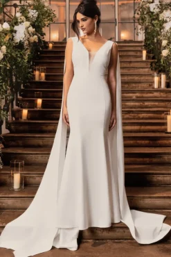 Rosaline | White Plunging Fishtail Maxi Dress With Cape