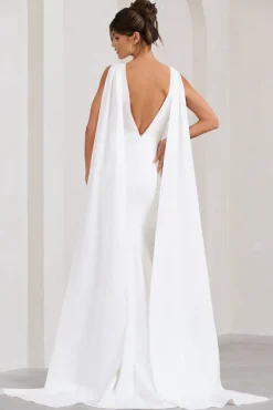 Rosaline | White Plunging Fishtail Maxi Dress With Cape