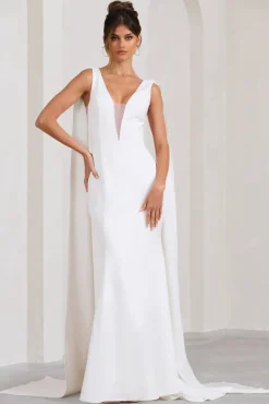 Rosaline | White Plunging Fishtail Maxi Dress With Cape