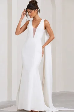 Rosaline | White Plunging Fishtail Maxi Dress With Cape