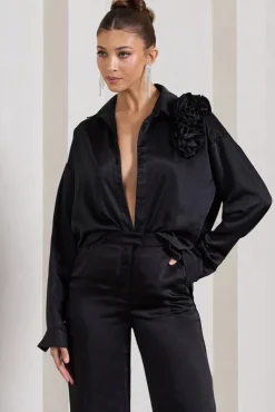 Rosanna | Black Satin Oversized Shirt With Flowers