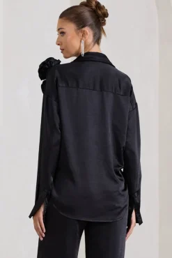 Rosanna | Black Satin Oversized Shirt With Flowers