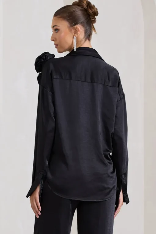 Rosanna | Black Satin Oversized Shirt With Flowers