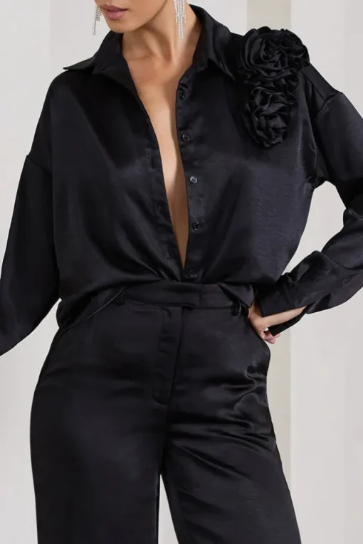 Rosanna | Black Satin Oversized Shirt With Flowers