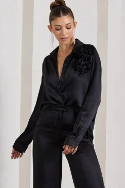 Rosanna | Black Satin Oversized Shirt With Flowers