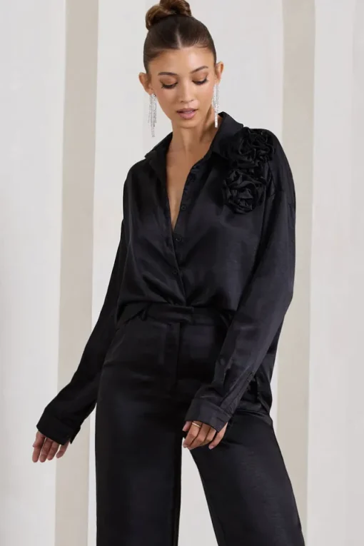 Rosanna | Black Satin Oversized Shirt With Flowers