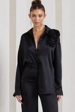 Rosanna | Black Satin Oversized Shirt With Flowers