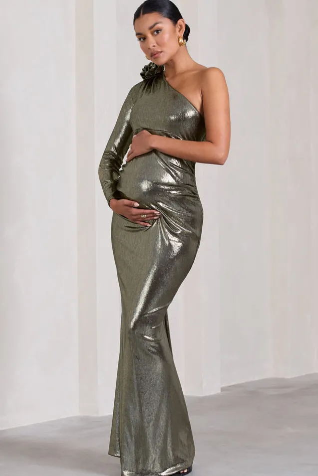 Rosepetal | Silver Metallic Asymmetric Maternity Maxi Dress With Flower