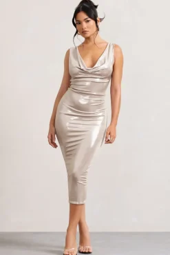 Rosie | Gold Metallic Sleeveless Cowl-Neck Bodycon Midi Dress