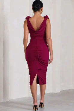 Rosy | Berry Cowl-Neck Maternity Midi Dress With Flowers
