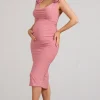 Rosy | Pink Cowl-Neck Maternity Midi Dress With Flowers