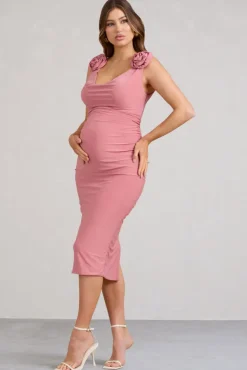 Rosy | Pink Cowl-Neck Maternity Midi Dress With Flowers