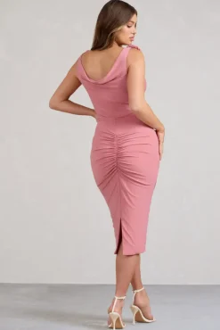 Rosy | Pink Cowl-Neck Maternity Midi Dress With Flowers