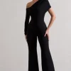 Rotate | Black Ruched Asymmetric Cut-Out Flared-Leg Jumpsuit
