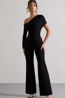 Rotate | Black Ruched Asymmetric Cut-Out Flared-Leg Jumpsuit