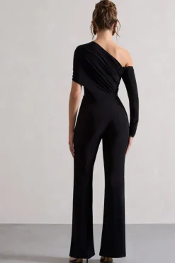 Rotate | Black Ruched Asymmetric Cut-Out Flared-Leg Jumpsuit