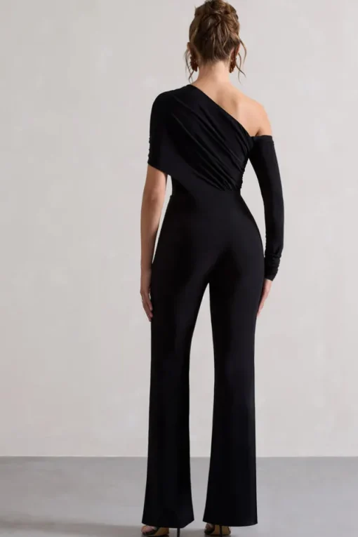 Rotate | Black Ruched Asymmetric Cut-Out Flared-Leg Jumpsuit
