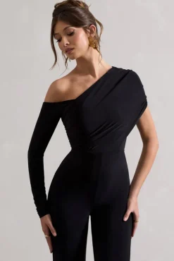 Rotate | Black Ruched Asymmetric Cut-Out Flared-Leg Jumpsuit