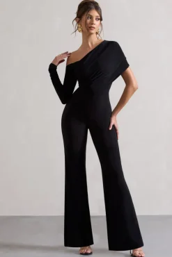 Rotate | Black Ruched Asymmetric Cut-Out Flared-Leg Jumpsuit