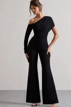 Rotate | Black Ruched Asymmetric Cut-Out Flared-Leg Jumpsuit
