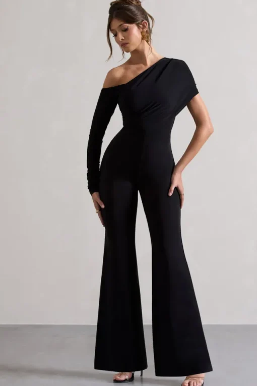 Rotate | Black Ruched Asymmetric Cut-Out Flared-Leg Jumpsuit
