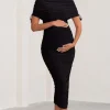 Roxanne | Black Ruched Bardot Maternity Midi Dress