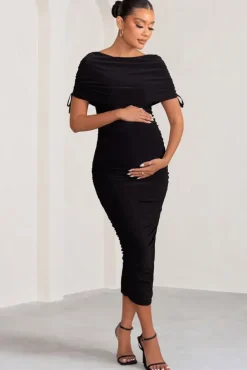 Roxanne | Black Ruched Bardot Maternity Midi Dress