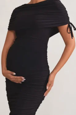 Roxanne | Black Ruched Bardot Maternity Midi Dress