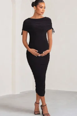 Roxanne | Black Ruched Bardot Maternity Midi Dress