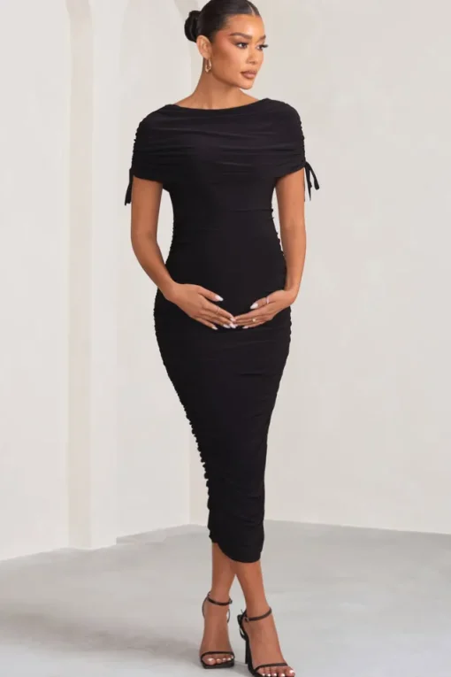 Roxanne | Black Ruched Bardot Maternity Midi Dress