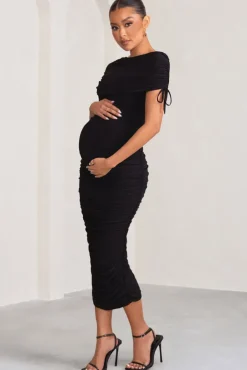 Roxanne | Black Ruched Bardot Maternity Midi Dress