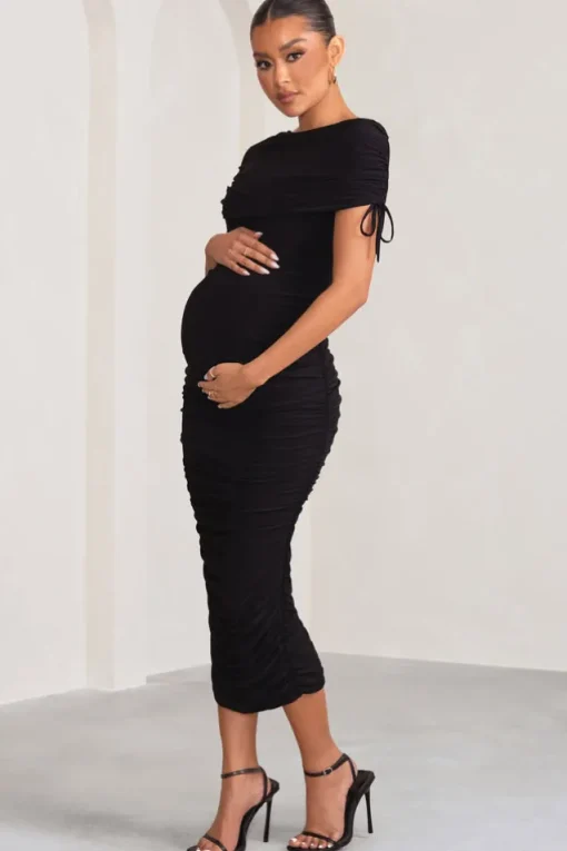 Roxanne | Black Ruched Bardot Maternity Midi Dress