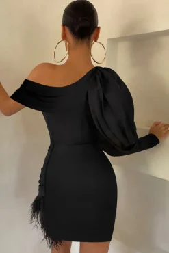 RSVP | Black Asymmetric Volume Sleeve Draped Feather Mini Dress