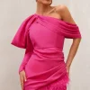 RSVP | Hot Pink Asymmetric Volume Sleeve Draped Feather Mini Dress