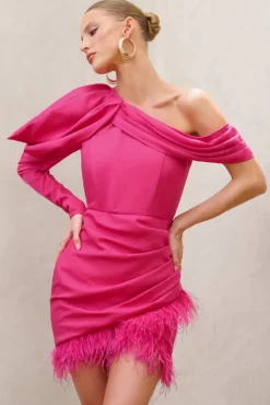 RSVP | Hot Pink Asymmetric Volume Sleeve Draped Feather Mini Dress