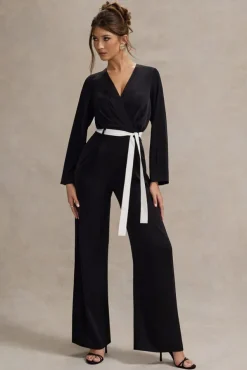 Ruba | Black Tailored Plunge Jumpsuit With Tie Waist