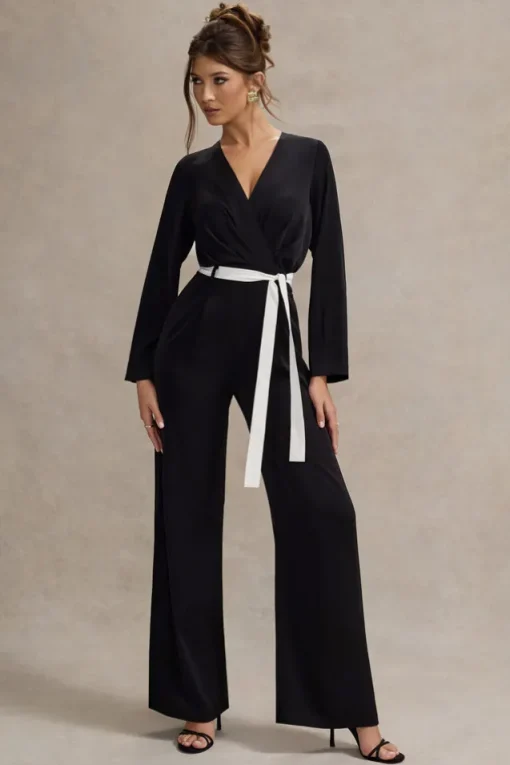 Ruba | Black Tailored Plunge Jumpsuit With Tie Waist