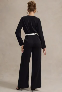 Ruba | Black Tailored Plunge Jumpsuit With Tie Waist
