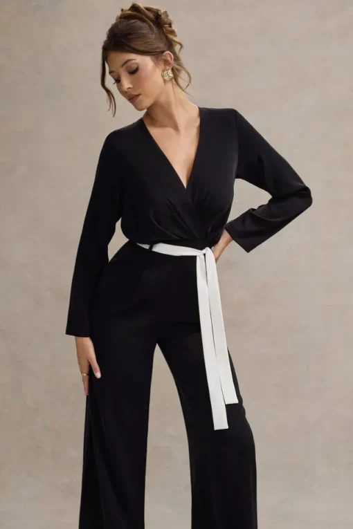 Ruba | Black Tailored Plunge Jumpsuit With Tie Waist