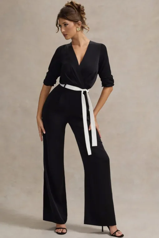 Ruba | Black Tailored Plunge Jumpsuit With Tie Waist