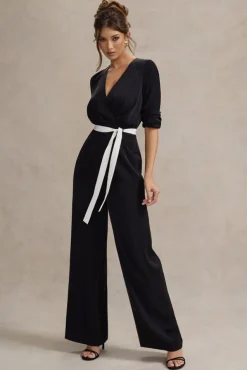 Ruba | Black Tailored Plunge Jumpsuit With Tie Waist